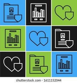 Set line Document with shield, Heart with shield and Document with graph chart icon. Vector