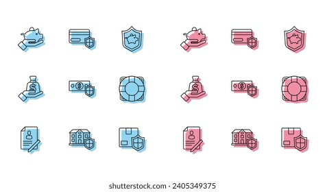 Set line Document with shield, House, Piggy bank in hand, Delivery security, Money, Lifebuoy,  and Credit card icon. Vector