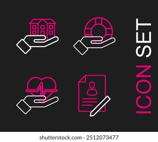 Set line Document with shield, Life insurance in hand, Lifebuoy and House icon. Vector