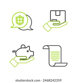 Set line Document with shield, Piggy bank in hand, Delivery insurance and Location icon. Vector