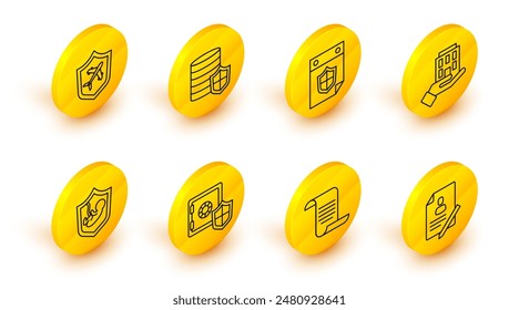 Set line Document with shield, Safe, Life insurance, House hand, Calendar, Money and Plane icon. Vector