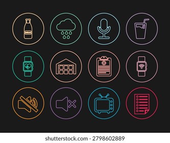 Set line Document, Smartwatch with wireless, Microphone, Warehouse, heart beat rate, Glass bottle milk and cap, Clinical record and Cloud rain icon. Vector