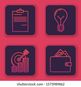 Set line Document, Target with coin symbol, Light bulb with concept of idea and Wallet with stacks paper money cash. Blue square button. Vector