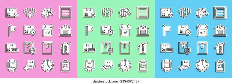 Set line Document tracking marker system, Price tag with Free, Warehouse, Magnifying glass globe, Cardboard box and fast time, Location, Package check and Calendar icon. Vector