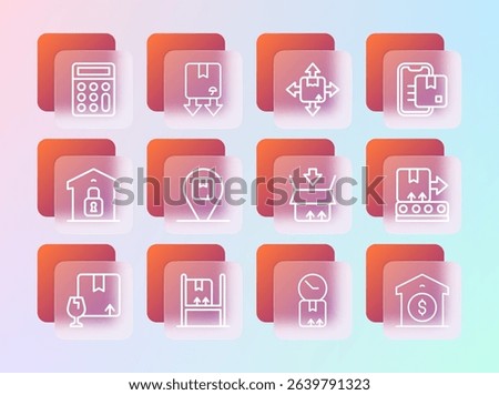 Set line Document tracking marker, Warehouse interior with boxes, Carton cardboard, Cardboard clock, Location, Calculator and traffic symbol icon. Vector