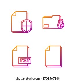 Set line Document, TXT file document, Document protection concept and Folder and lock. Gradient color icons. Vector