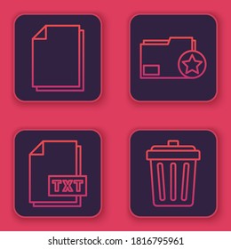 Set line Document, TXT file document, Document folder with star and Trash can. Blue square button. Vector