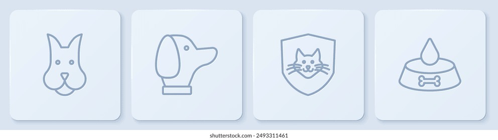 Set line Perro, seguro de salud animal, y tazón de comida para mascotas para gato o perro. Botón cuadrado blanco. Vector