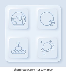 Set line Dog in astronaut helmet, Planet, Mars rover and Planet. White square button. Vector