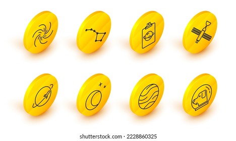 Set line Dog in astronaut helmet, Planet, Moon and stars, Satellite, Great Bear constellation and Black hole icon. Vector