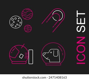 Set line Dog in astronaut helmet, Astronaut, Satellite and Planet icon. Vector
