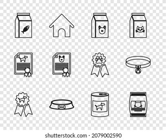 Set line Dog award symbol, Bag of food for cat, dog, Pet bowl, Certificate, Canned and Cat collar icon. Vector