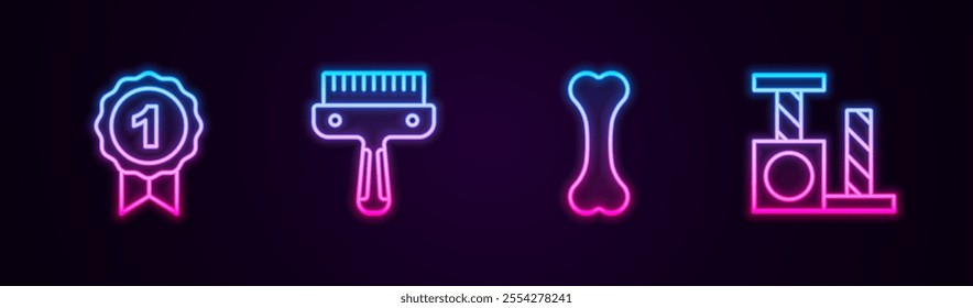 Set line Dog award symbol, Hair brush for dog and cat, bone and Cat scratching post. Glowing neon icon. Vector