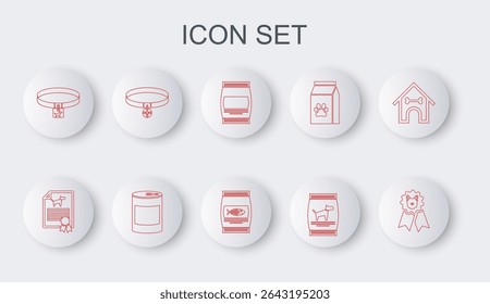 Set line Dog award symbol, Certificate for dog or cat, Bag of food, collar, Collar with name tag, Canned and  icon. Vector