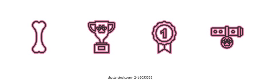 Set line Dog bone, award symbol, Pet and Collar with name tag icon. Vector