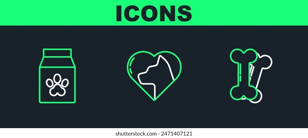 Set line Dog bone, Bag of food for pet and Heart with cat icon. Vector