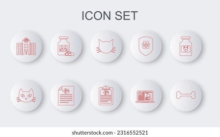 Set line Dog bone, Cat, Clinical record cat laptop, Veterinary medicine hospital, bottle and pills, Medical certificate for dog and pet icon. Vector
