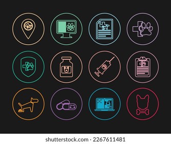 Set line Dog and bone, Clinical record pet, Medical certificate for dog cat, medicine bottle, Animal health insurance, Location veterinary, Syringe with vaccine and monitor icon. Vector