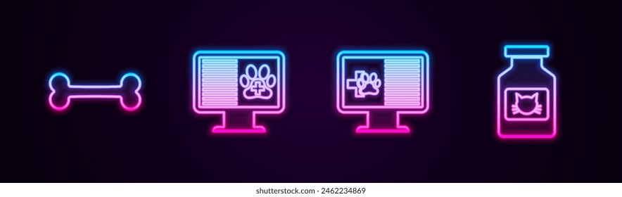 Fije la línea Hueso de perro, monitor de mascota de registro clínico y botella de medicina de gato. Icono de neón brillante. Vector
