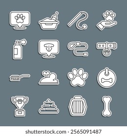 Set line Dog bone, collar, Collar with name tag, Pet cat toy, Cat nose, shampoo, Location veterinary hospital and Retractable cord leash icon. Vector