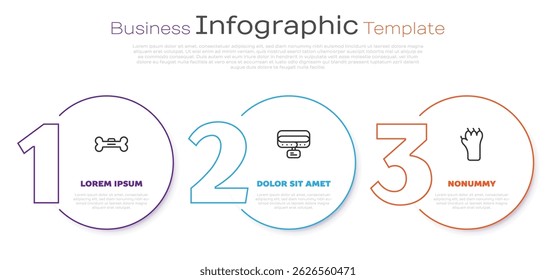 Set line Dog bone, Collar with name tag and Paw print. Business infographic template. Vector