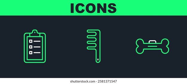 Set line Dog bone, Grooming salon price list and Hair brush for dog and cat icon. Vector