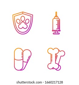 Set line Dog bone, Dog and pills, Animal health insurance and Syringe with pet vaccine. Gradient color icons. Vector