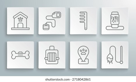 Set line Hueso de perro, correa de cordón retráctil, estuche de transporte para mascotas, aseo de mascotas de Locación, juguete, cepillo de pelo para perro y gato, poste de rascado e ícono de impresión de pata de casa. Vector