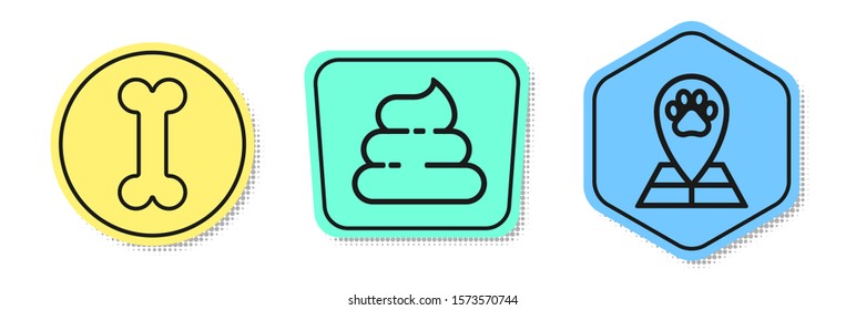 Set line Dog bone, Shit and Map pointer with veterinary medicine hospital. Colored shapes. Vector