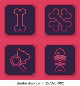 Set line Dog bone, Veterinary clinic symbol, Crossed bones and Fish skeleton. Blue square button. Vector
