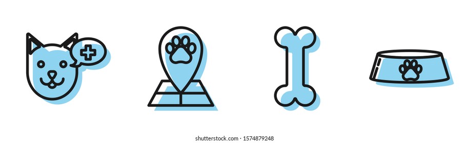 Set line Dog bone, Veterinary clinic symbol, Map pointer with veterinary medicine hospital and Pet food bowl for cat or dog icon. Vector