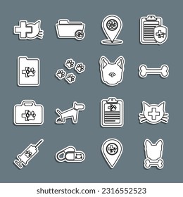 Set line Dog and bone, Veterinary clinic, Location veterinary, Paw print, Clinical record pet,  and  icon. Vector