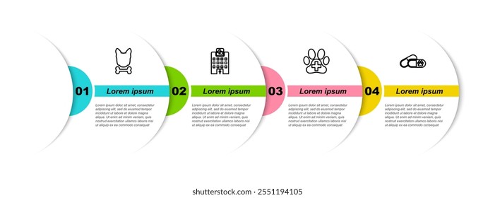 Set line Dog and bone, Veterinary medicine hospital, clinic and pills. Business infographic template. Vector