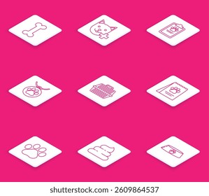 Set line Dog bone, Veterinary clinic symbol, Clipboard with medical clinical record pet, Collar name tag, Pet carry case, Bag of food for dog, Paw print and Shit icon. Vector