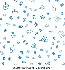 Set line Dog, Cat litter tray with shovel and Pet food bowl for cat or dog on seamless pattern. Vector