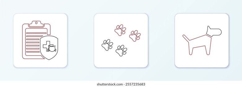 Set line Dog, Clinical record pet and Paw print icon. Vector