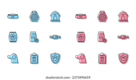 Set line Dog, Clipboard with medical clinical record pet, Pet food bowl, Animal health insurance, Bag of for, Collar name tag,  and carry case icon. Vector