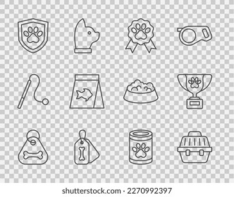 Set line Dog collar with bone, Pet carry case, award symbol, Animal health insurance, Food for fish, Canned food and  icon. Vector
