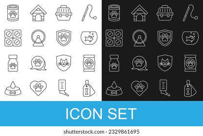 Set line Dog collar with bone, Bag of food for pet, Aquarium fish, Pet carry case, Hamster wheel, pill, Canned and Animal health insurance icon. Vector