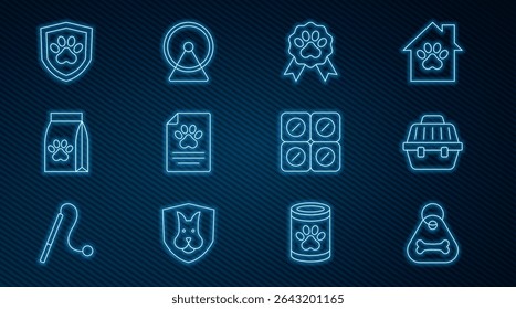 Set line Dog collar with bone, Pet carry case, award symbol, Medical clinical record pet, Bag of food for, Animal health insurance, pill and Hamster wheel icon. Vector