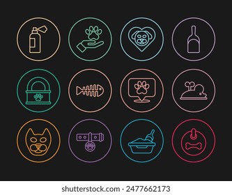 Set line Dog collar, Clockwork mouse, Heart with dog, Fish skeleton, Canned food, Pet shampoo, Location veterinary hospital and Hands animals footprint icon. Vector