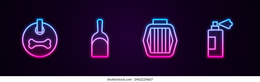 Set line Dog collar, Dustpan, Pet carry case and shampoo. Glowing neon icon. Vector