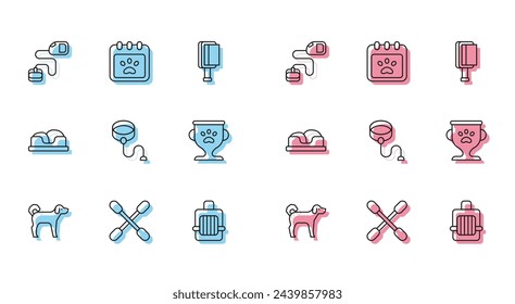 Set line Dog, Cotton swab for ears, Retractable cord leash, Pet carry case, award, bed and Calendar grooming icon. Vector