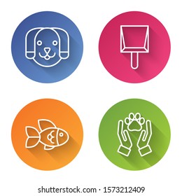Set line Dog, Dustpan, Fish and Hands with animals footprint. Color circle button. Vector