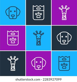 Fijar la línea Perro, cabeza de jirafa y icono Bolsa de comida. Vector