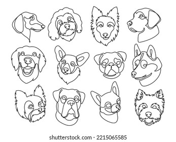 Set of line dog head. Collection of funny puppy portrait. Lovely animal. Dog lover. Vector illustration of pedigreed pet. Veterinary icons. Logo of the dog. 