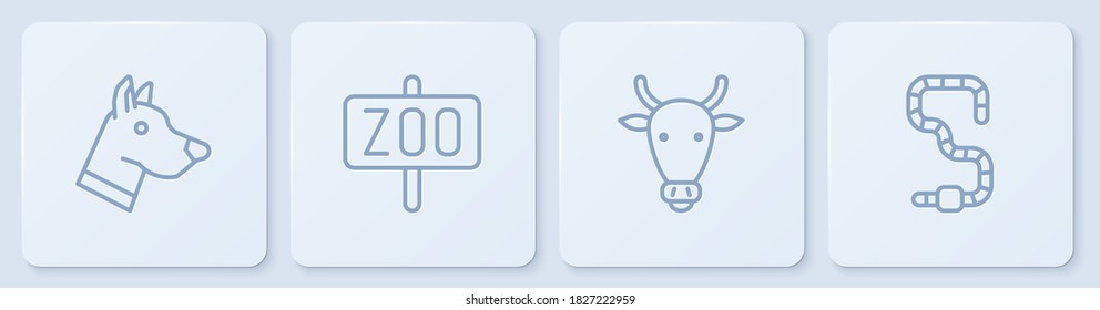 Set line Dog head, Cow, Zoo park and Worm. White square button. Vector