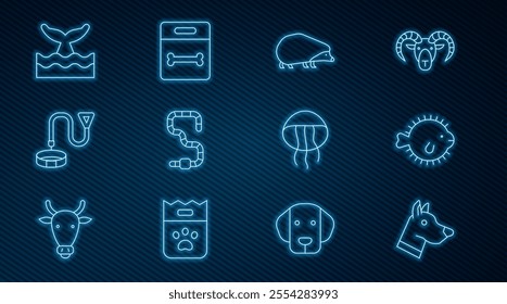 Set line Dog head, Puffer fish, Hedgehog, Worm, Collar with name tag, Whale tail in ocean wave, Jellyfish and bone icon. Vector