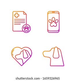 Set line Dog, Heart with dog, Clipboard with medical clinical record pet and Online veterinary clinic symbol. Gradient color icons. Vector