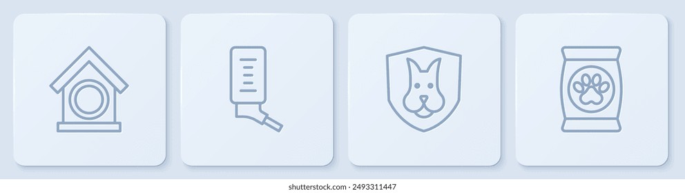 Set line Dog house, Animal health insurance, Drinker for small pets and Bag of food. White square button. Vector